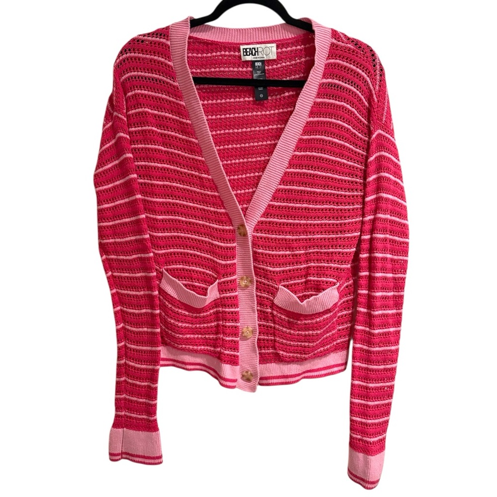 Beach Riot Gene Open Knit Cotton Cardigan Pink Stripe size XS - Picture 3 of 6